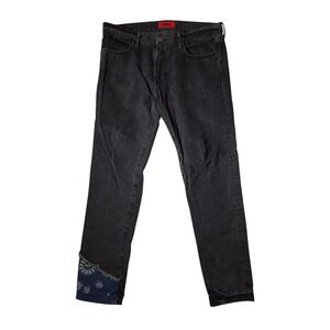 424 On FAIRFAX Black Denim Jeans Paisley Bandana‎ Hems Men's 33 Cotton USA